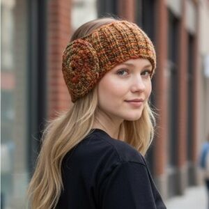 Headband Earwarmer Hand Crafted Multicolor Green Rust Bronze Orange Glitter Knit
